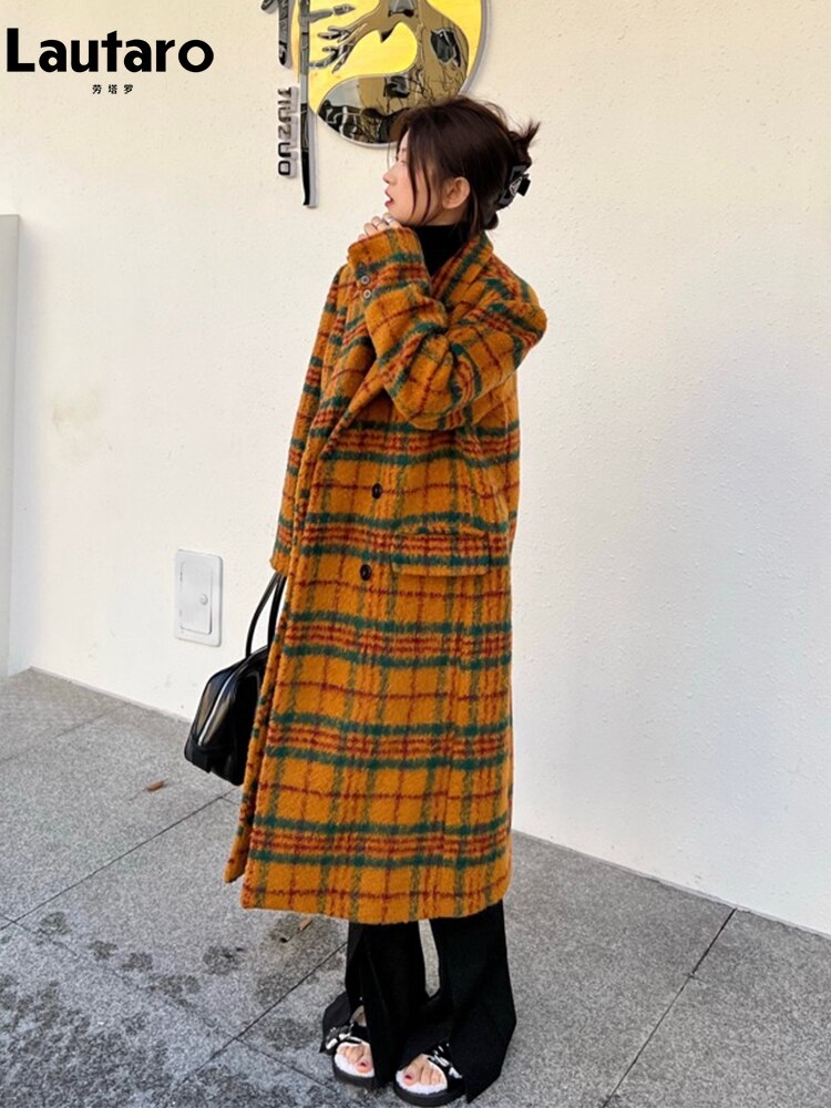 Autumn Winter Long Loose Retro Colorful Plaid Woolen Trench Coat for Women Double Breasted Luxury Designer Clothes