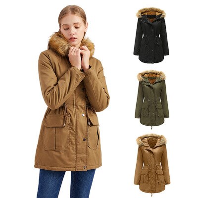 Women's plus size plus velvet cotton padded jacket with hooded fur collar winter warm jacket plus size womens padded jacket