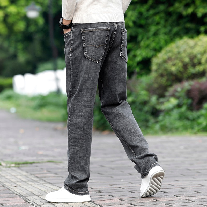 Brand Men Grey Casual Jeans  Business Stretch Straight Denim Trousers Pants Male Plus Size