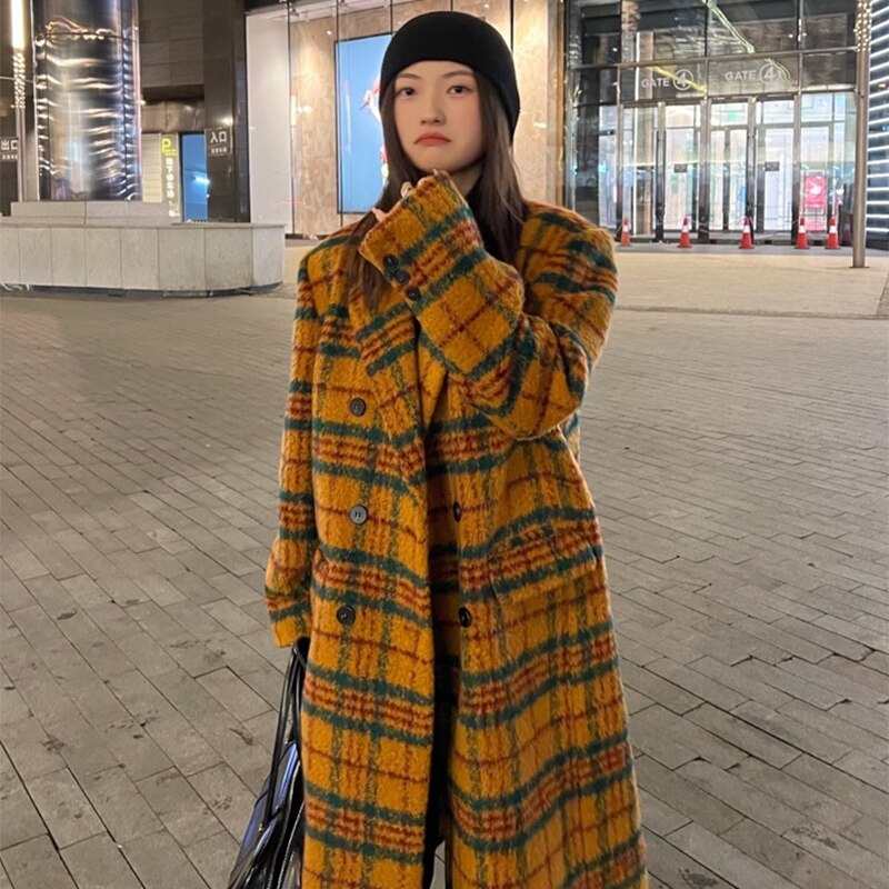 Autumn Winter Long Loose Retro Colorful Plaid Woolen Trench Coat for Women Double Breasted Luxury Designer Clothes