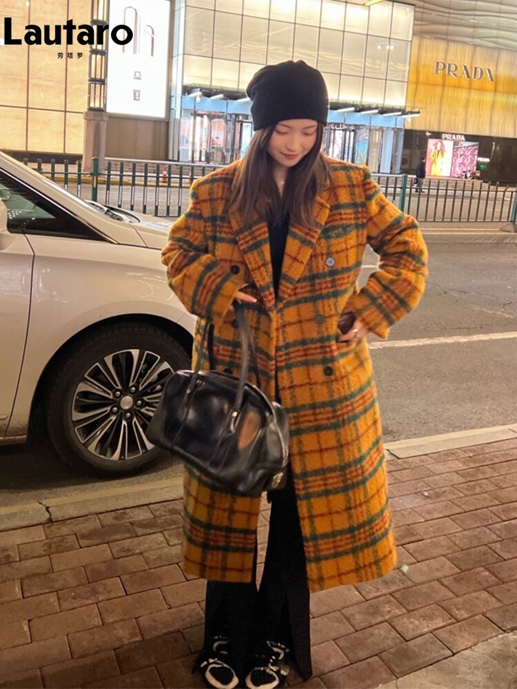 Autumn Winter Long Loose Retro Colorful Plaid Woolen Trench Coat for Women Double Breasted Luxury Designer Clothes