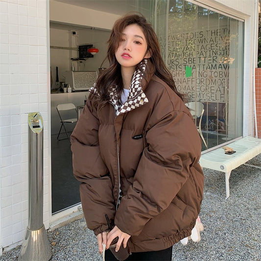 Winter New Checkerboard Down Cotton Jacket Women's Loose BF Style Stand Collar Short Cotton Jacket Cotton Padded Jacket Thickened Bread Jacket