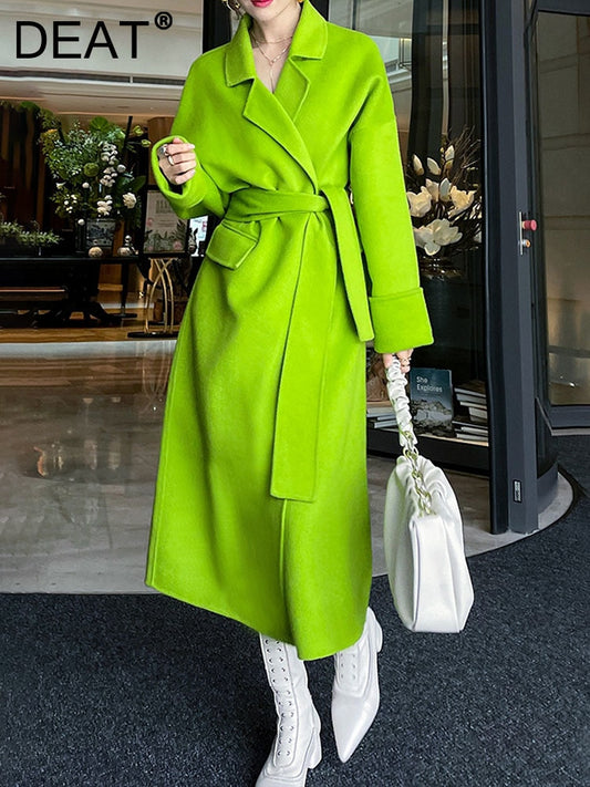 Fashion Women's Wool Coat Lapel Loose Double-sided Grass Green Sashes Waist Long Sleeve Overcoat Winter New